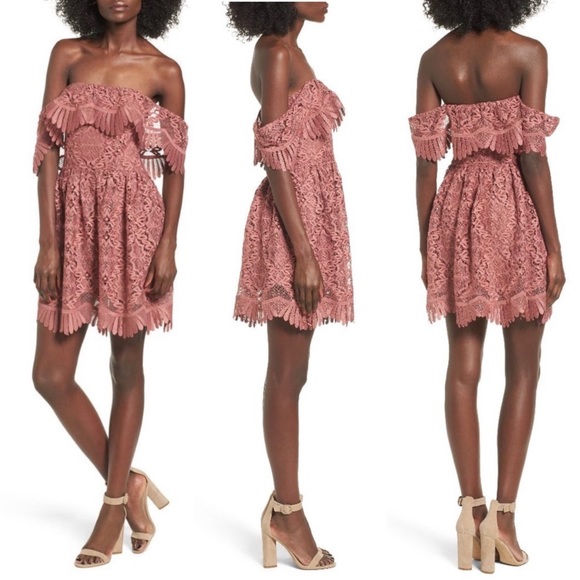 Lovers + Friends DREAM VACAY DRESS In Mauve Pink S Off Shoulder Revolve Lace - Picture 16 of 16